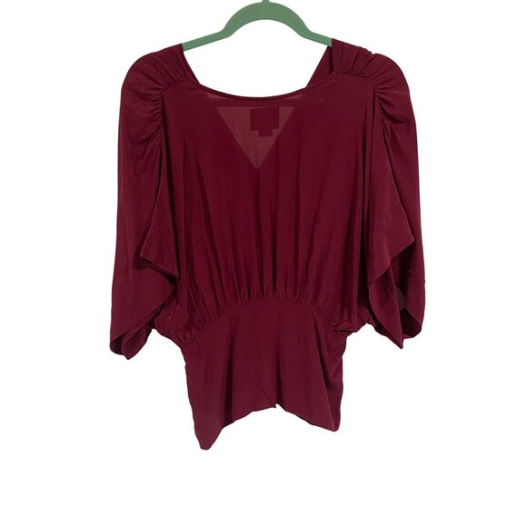 Anthro Maeve Draped V-Neck Ruched Silk Magenta Blouse Size 8 - Picture 7 of 9